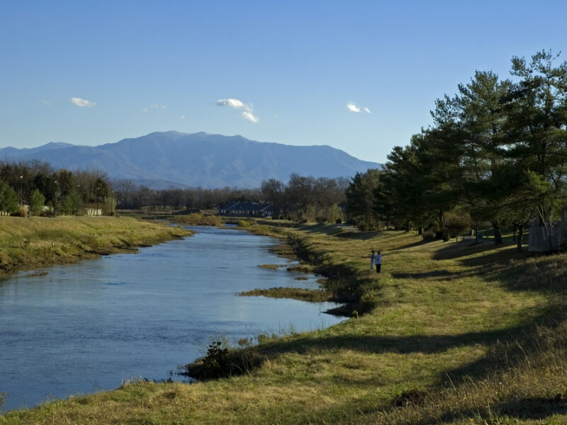 A landscape shot of the Little Pigeon River cutting through fields of green grass and trees.