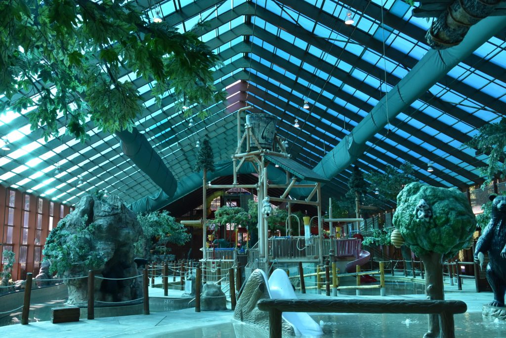 Photo of the inside of Wild Bears Falls Water Park in Gatlinburg with slides and a water playground.