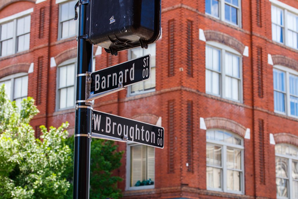 The Barnard and Broughton street signs, where one of the best things to do in Savannah is shop along these streets.