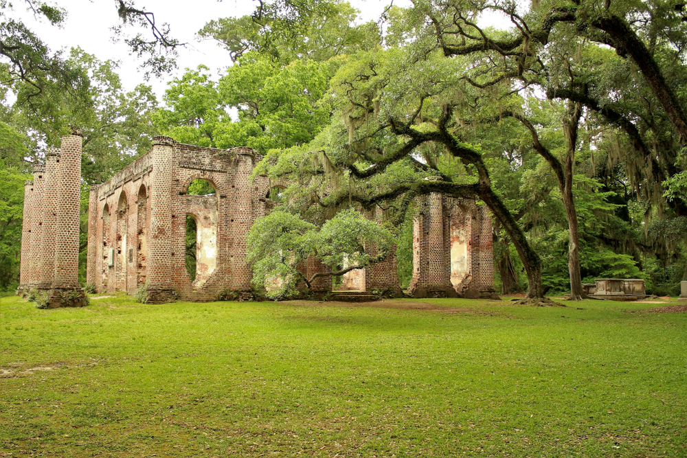 The Old Sheldon Church Ruins on a summer day surrounded by greenery one of the best South Carolina road trips