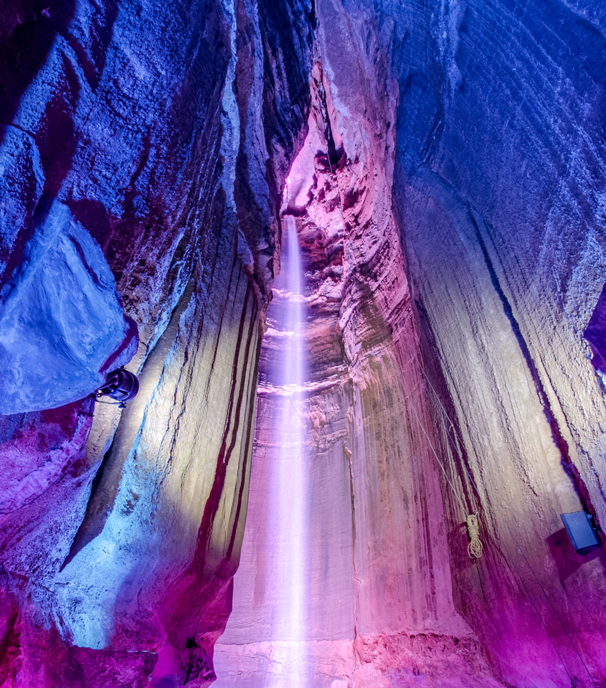 Ruby Falls lit up, and underground waterfall in Tennessee