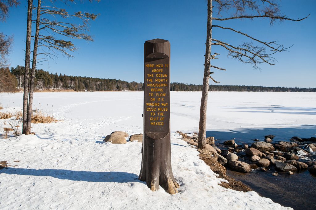 The sign marking the mouth of the Mississippi River in Minnesota, the start of the journey on one of the Southern road trips down the Mississippi River.