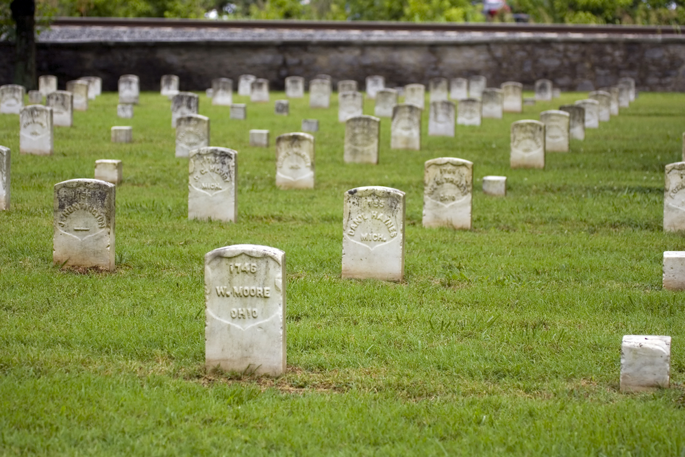 Tombstones at the Stones River National Battlefield one of the best stops on a haunted Tennessee road trip