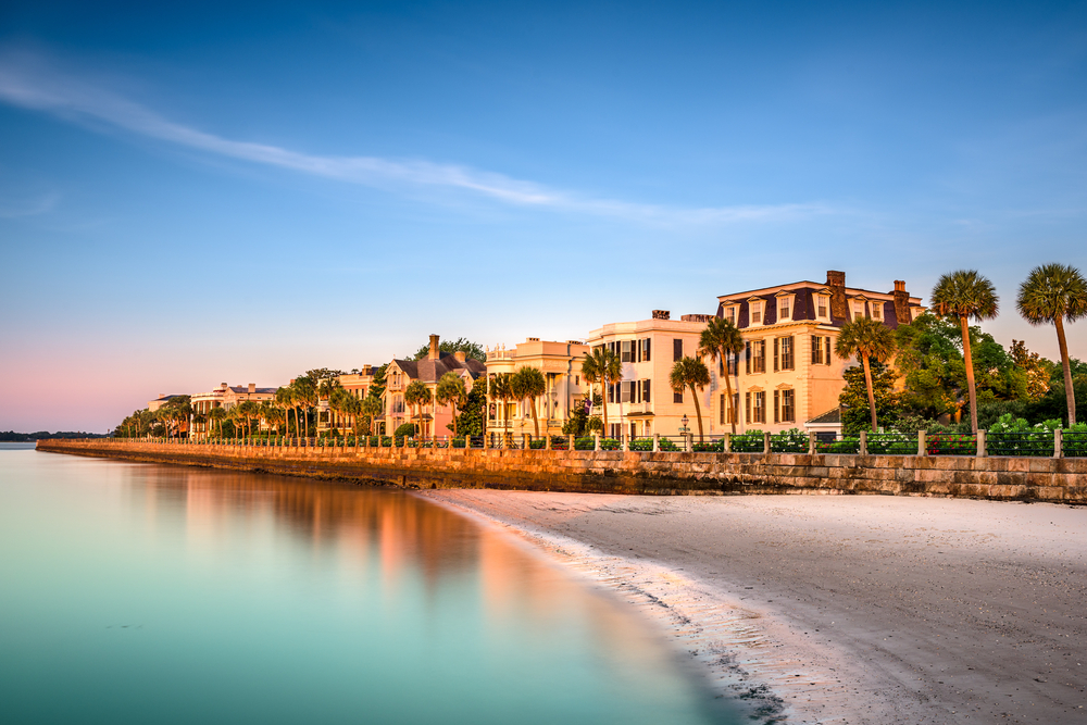 The Battery in Charleston South Carolina, a street that sits right on the water, at sunset