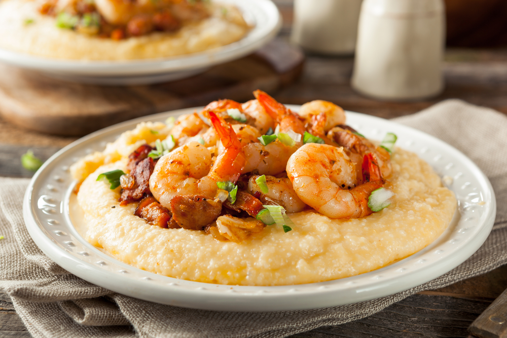 Photo of shrimp and grits, a classic southern seafood specialty and one of the most popular dishes for breakfast in Savannah.