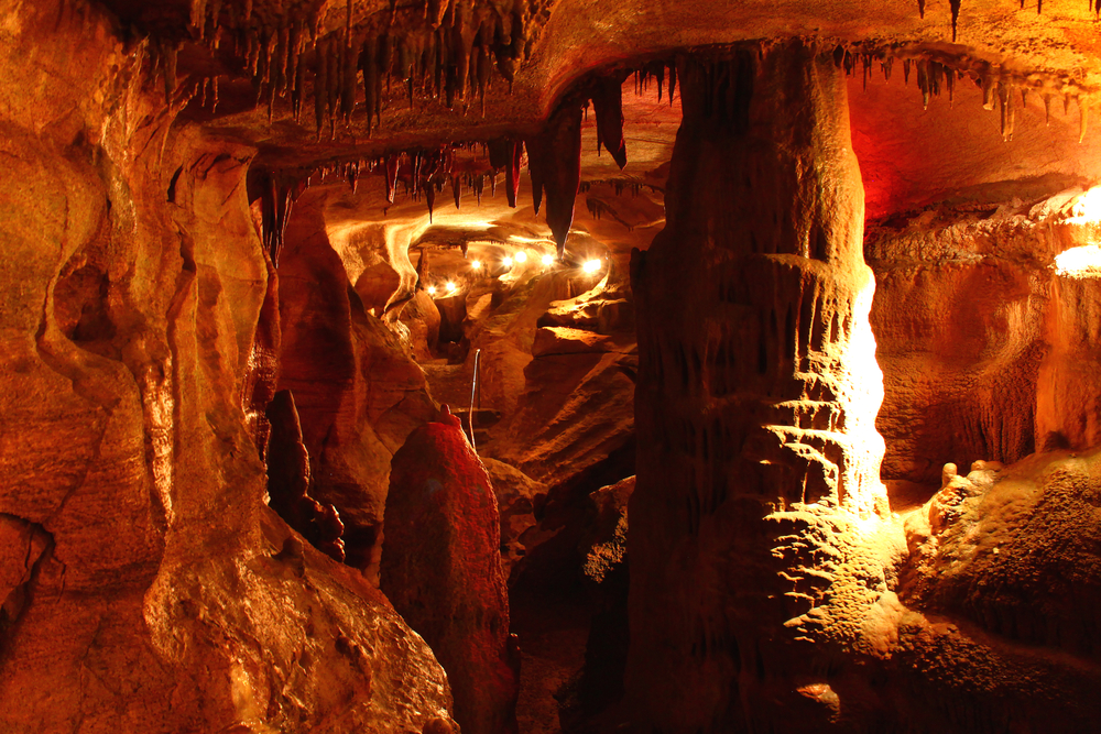 Stalactite and stalagmite formations inside of Russell Cave one of the best caves in Alabama 