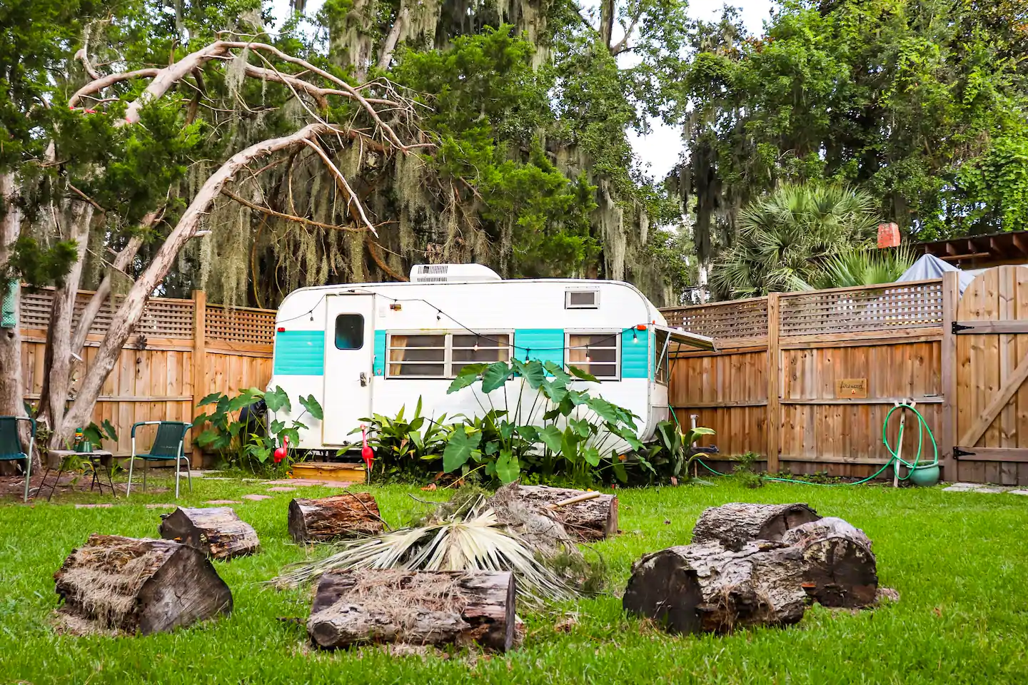 Photo of the exterior of a 1968 camper that is an Airbnb in Georgia.