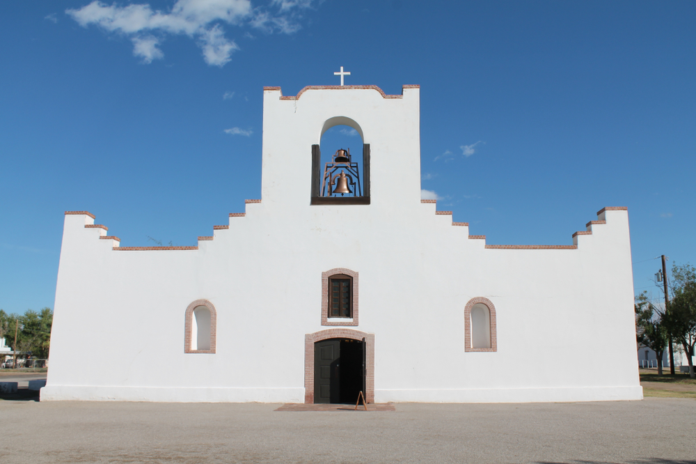 The geometric facade of Mission Socorro located along El Camino Real de la Tierra Adentro