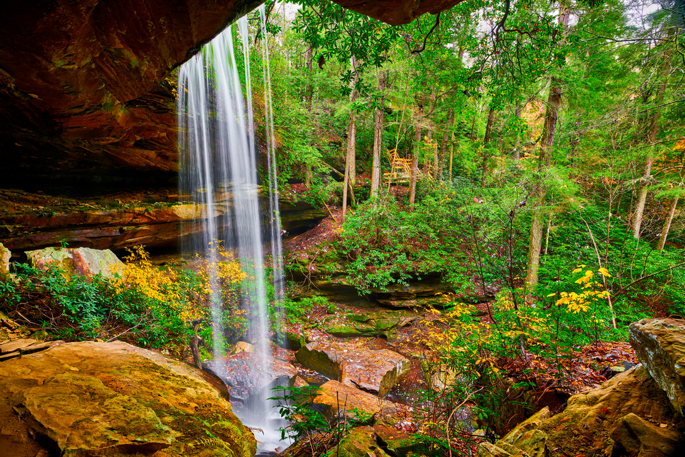 View from behind a waterfall in one of the best weekend getaways in Kentucky, Red Rivers Gorge