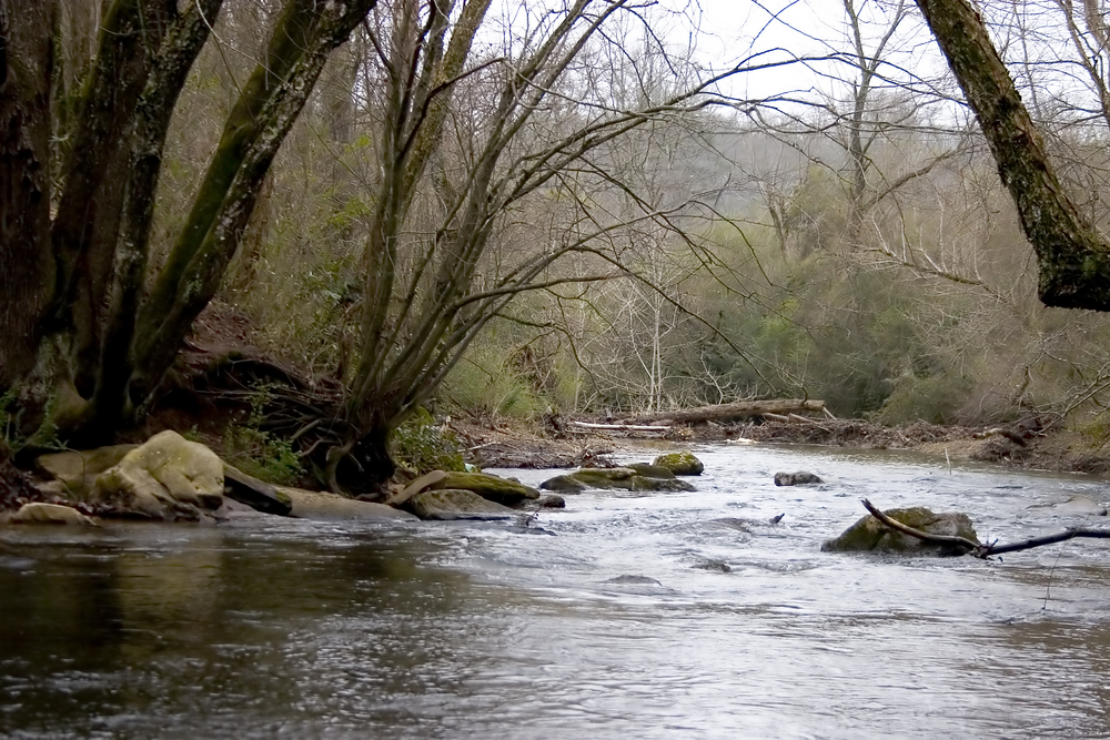 Photo of Chickamauga Creek from the Stovall Mill Bridge, the smallest covered bridge in Georgia.