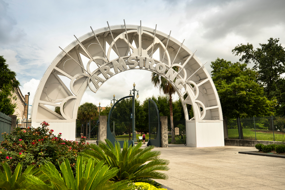 The entrance to Louis Armstrong Park in New Orleans on a cloudy day