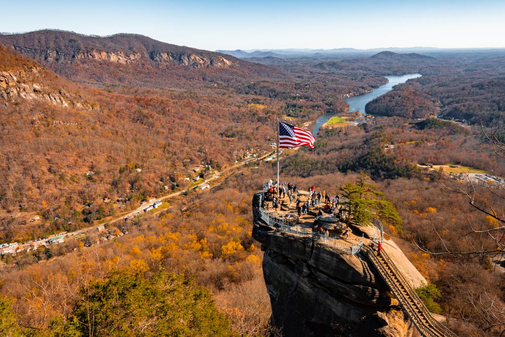 Chimney Rock offers perfect views of changing leaves on a North Carolina road trip.