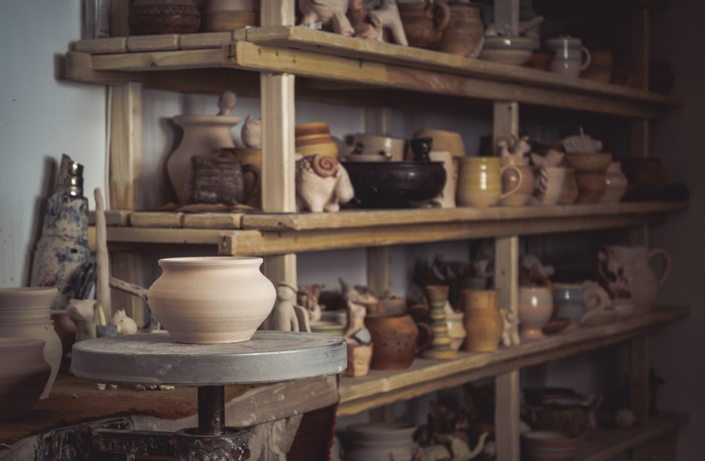 Pottery sits on shelves at the North Carolina Pottery Center.