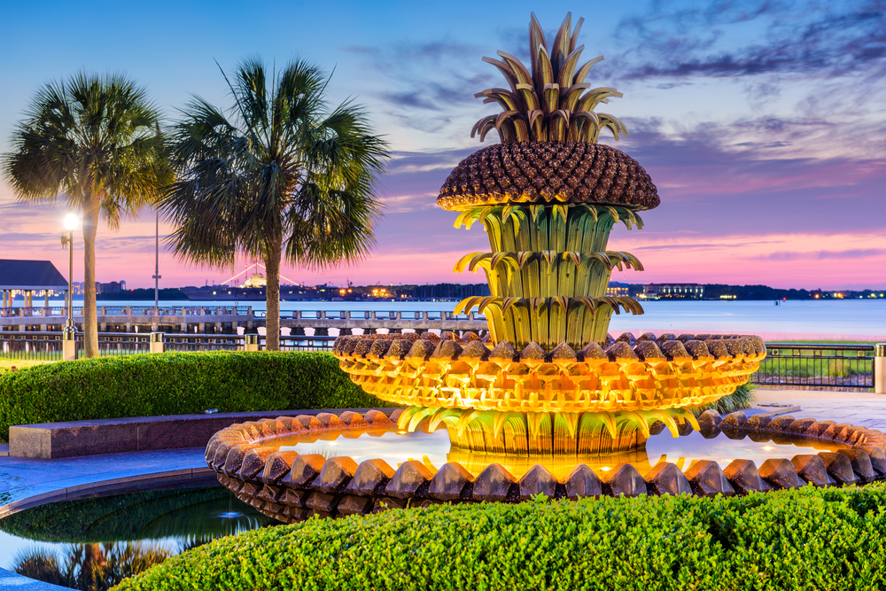 Head to the iconic pineapple fountain overlooking the harbor in Charleston 