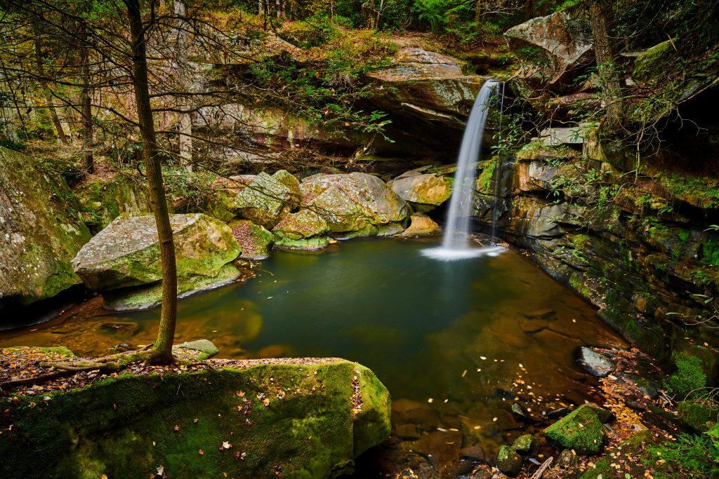 Salt Lick Falls crashes down into an intimate swimming area, surrounded by mossy boulders.