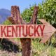 wooden sign that says Kentucky with vineyard in the background