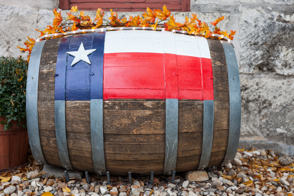Wooden Oak Barrell with Texas flag painted on
