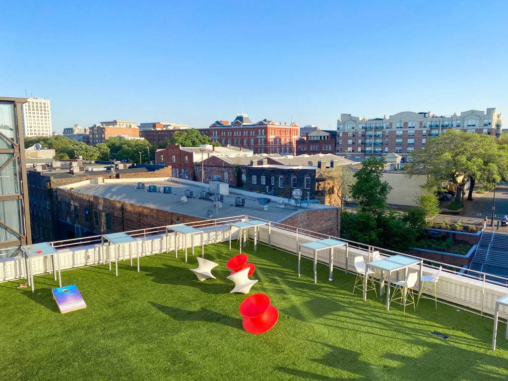 A photo of the view from Electric Moon Skytop Lounge, one of the best rooftop bars in Savannah.