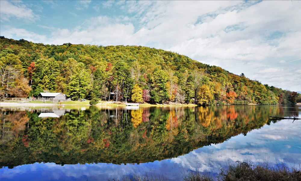 Photo of trees at the edge of Lake Trahlyta, that touch the water and are reflected with their newly changing autumn leaves. 