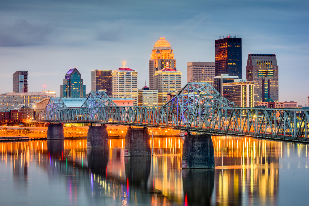 The Louisville skyline over the water