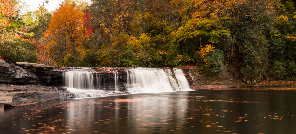 A photo of Hooker Falls surrounded by the changing DuPont Forest leaves in fall.