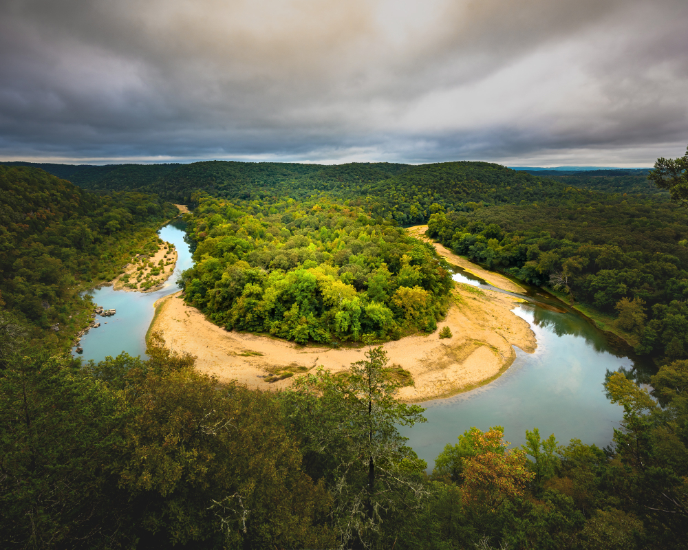 Photo of an aerial view of Horseshoe Bend Campground in Arkansas, one of the best places for camping in the south.