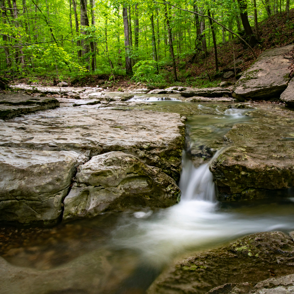A photo of a creek waterfall on Lost Valley Trail, one of the best hikes in Arkansas.