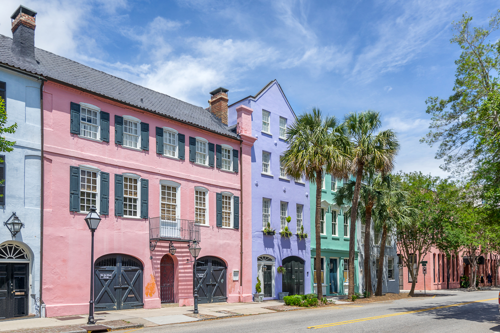 Pretty rainbow row of houses in Charleston south Carolina