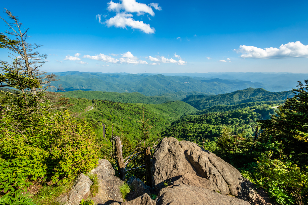 A photo of rolling mountains from Watterock Knob Trail, one of the best Blue Ridge Parkway hikes.