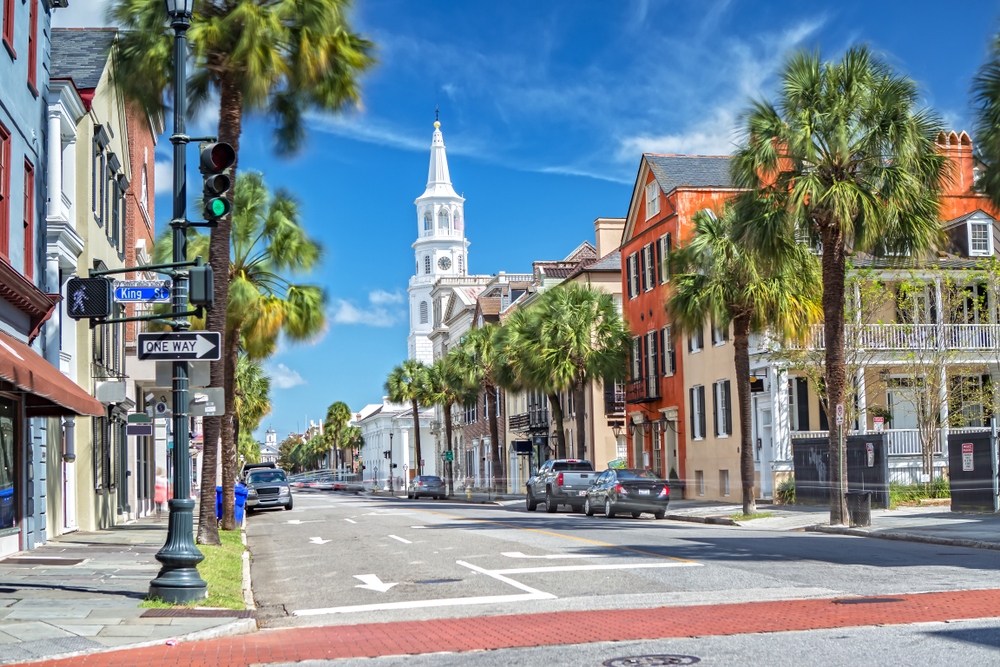 Broad St. Charleston, SC on a sunny day with a blue sky