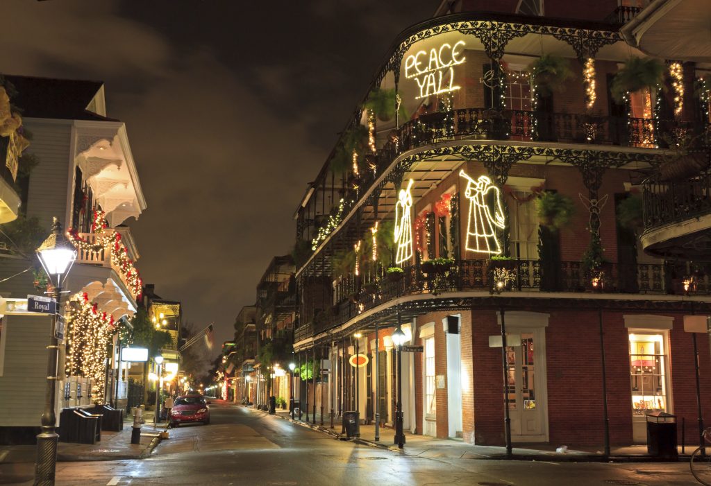 Lights and decorations adorn a street corner in New Orleans.