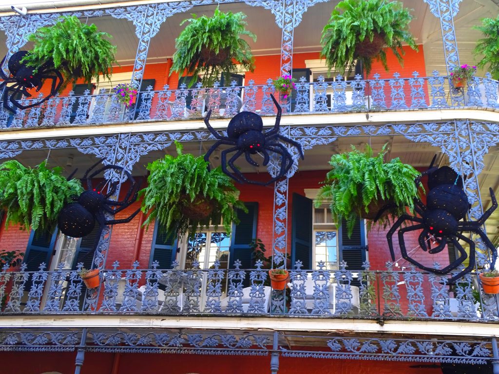 Spiders decorate New Orleans during Halloween, the best time to visit New Orleans.