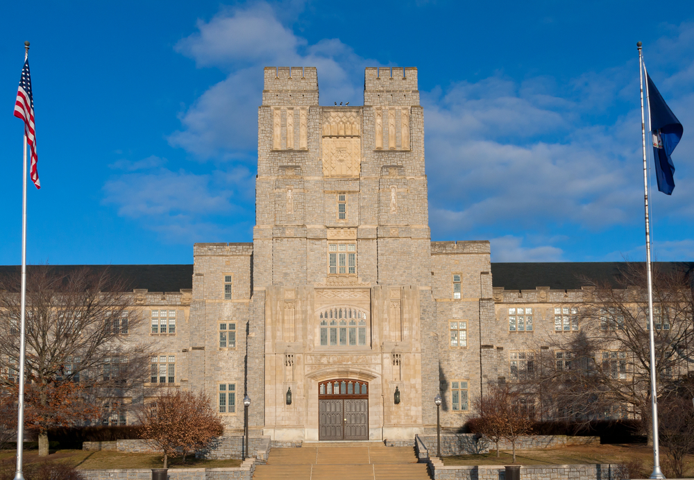 Photo of geometric and symmetrical Burruss Hall at Virginia Tech at sunset. 
