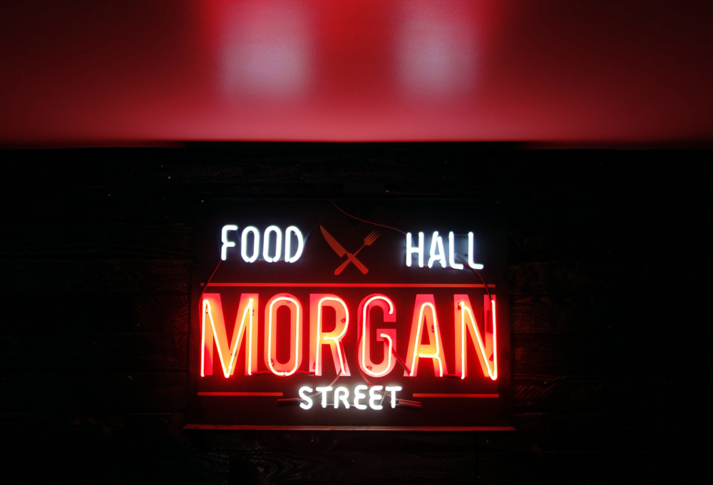 neon sign for morgan street food hall