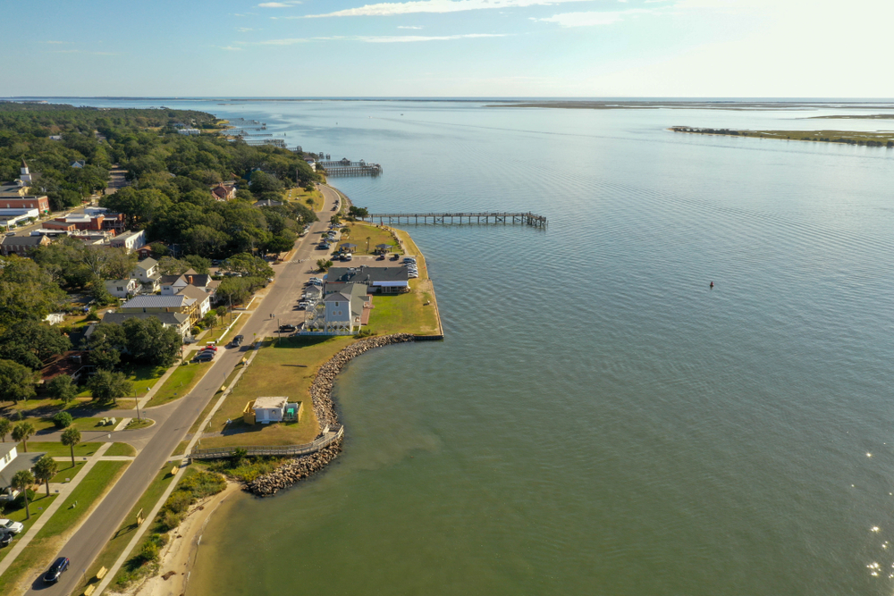 arial photo of Southport and water