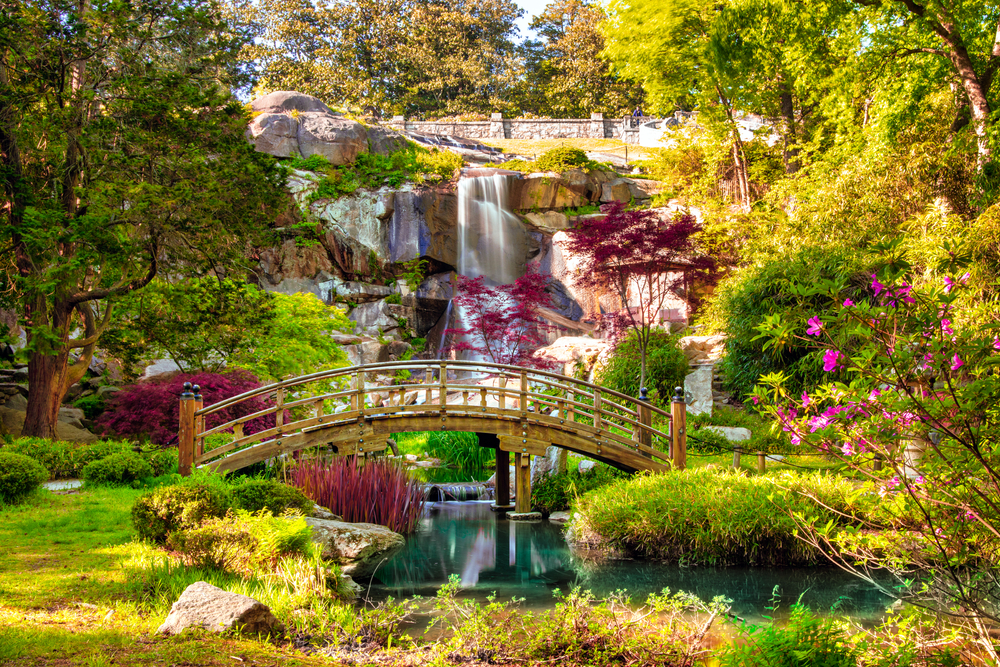 A beautiful scene of the garden and waterfall in Maymont.