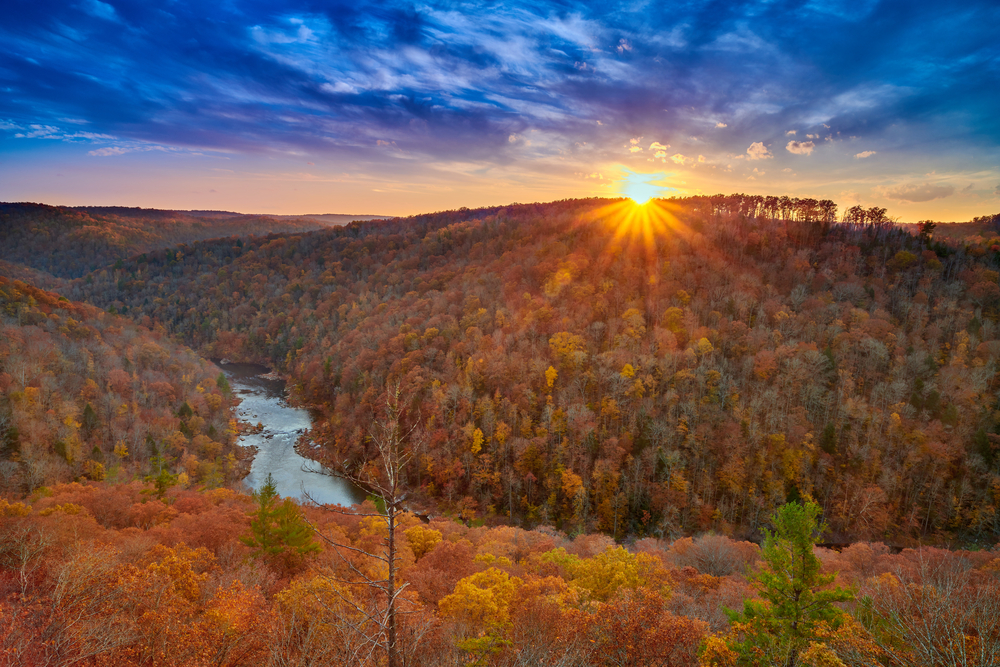 Photo of the Big South Fork river with colorful trees on either side.