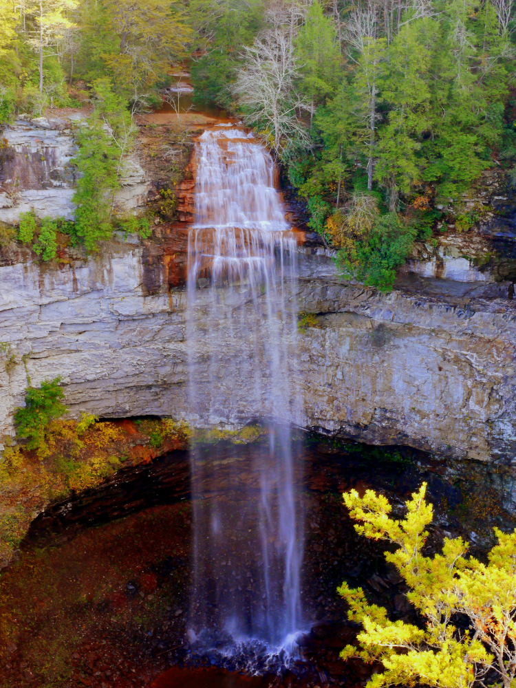 Photo of Fall Creek Falls Waterfall, one of the best places to see fall foliage in Tennessee.