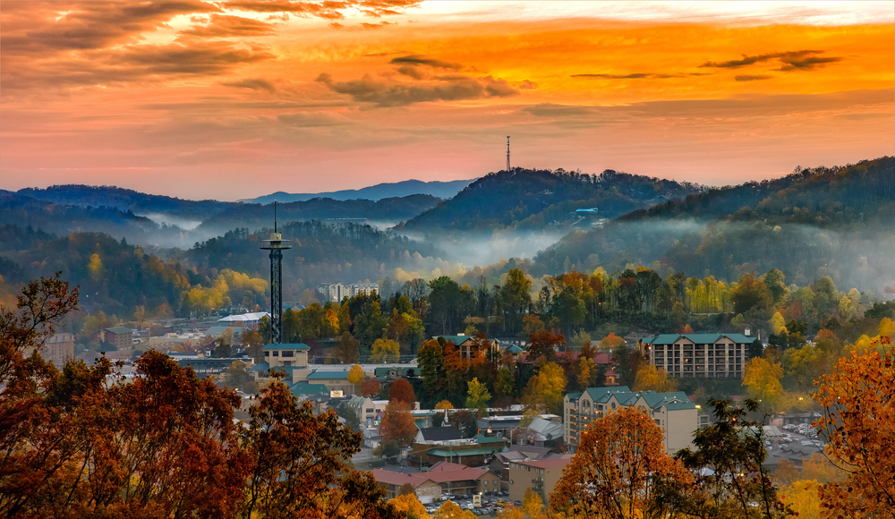 Photo of the Gatlinburg skyline, one of the best places to experience fall in Tennessee.