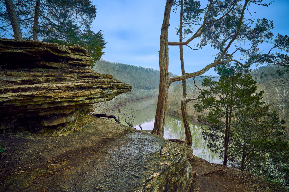 Photo of a view over the Kentucky River from a rocky viewpoint above at River Run Sanctuary, one of the best places for hiking in Kentucky. 