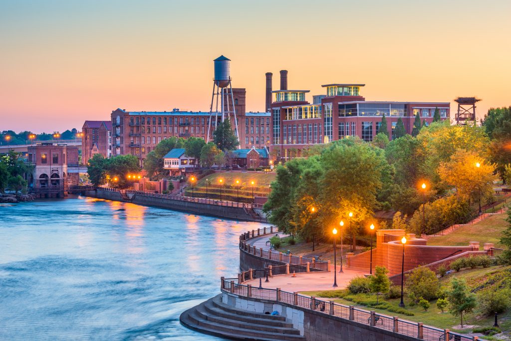 Photo of the RiverWalk at dusk, one of the best things to do in Columbus Georgia.