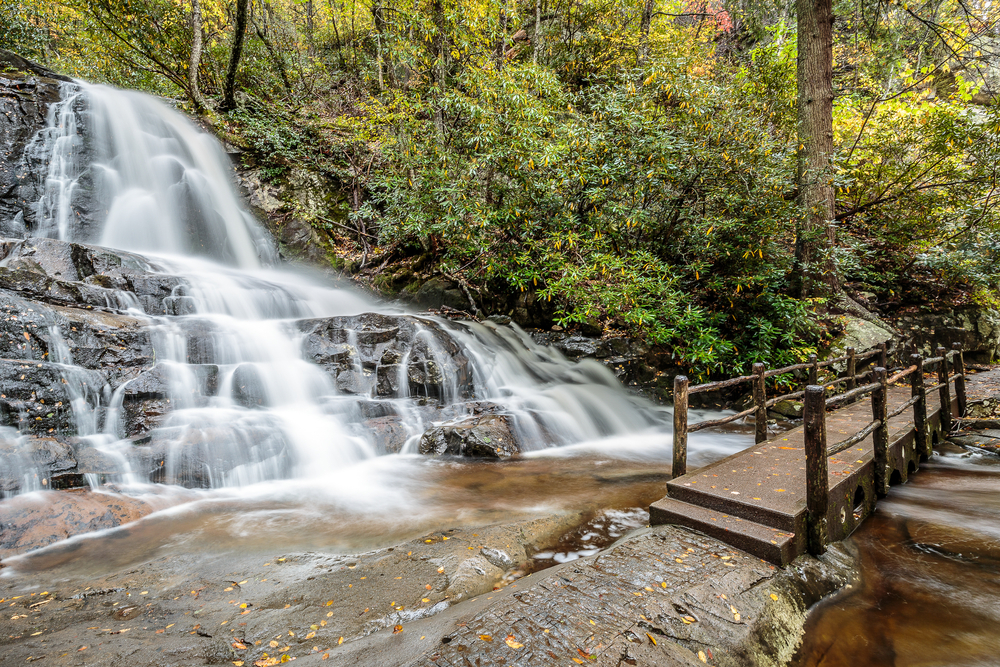 Photo of Laurel Falls with a small footbridge crossing the river.