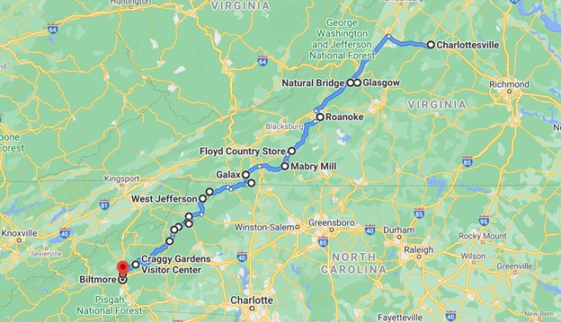 An image of a google map with along the Blue Ridge Parkway. There are several stops selected from Charlottesville Virginia to Asheville North Carolina. 