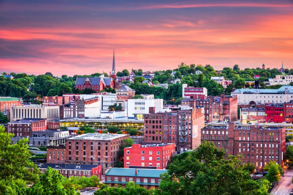 An aerial shot of the skyline at sunset of Lynchburg one of the small towns of Virginia