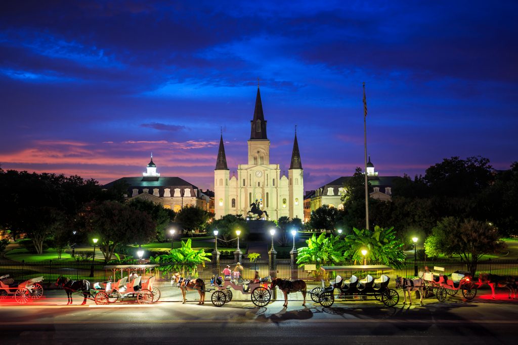 Saint Louis Cathedra And Jackson Square at nigt in an article of things to do in the French quarter