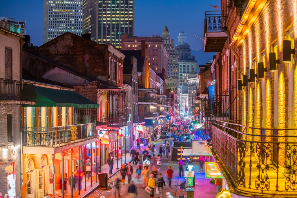 The French Quarter Bourbon Street lit up at night