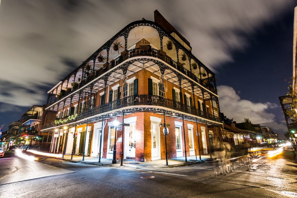 The French quarter at night looing errie perfect for a ghost tour one of the things-to-do-in-the-french-quarter-bourbon-street