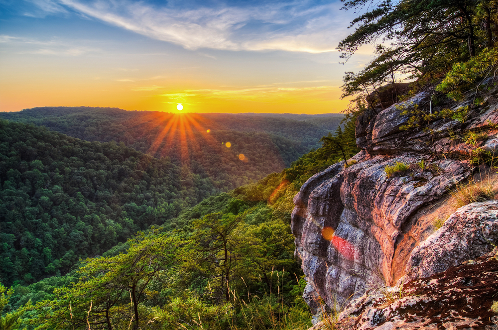 A photo of a sunset ove the rolling mountains and hills of Big South Fork National River and Recreation Area
