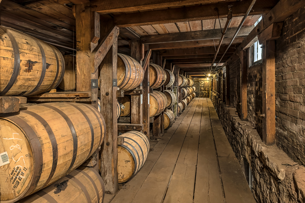 Barrels aging in a basement at Buffalo Trace Distillery.