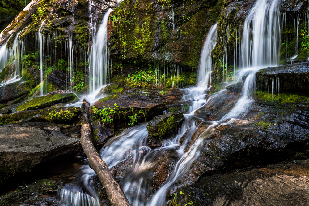 The streams of Catawba Falls flow over rocks, one of the closest waterfalls near Asheville.